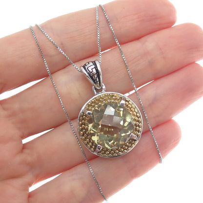FADI Sterling Silver 2-Tone Real Round-Cut Smoky Quartz Box Chain Necklace 18"