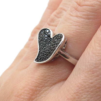 925 Sterling Silver Real Round-Cut Black Spinel Heart Ring Size 5.5