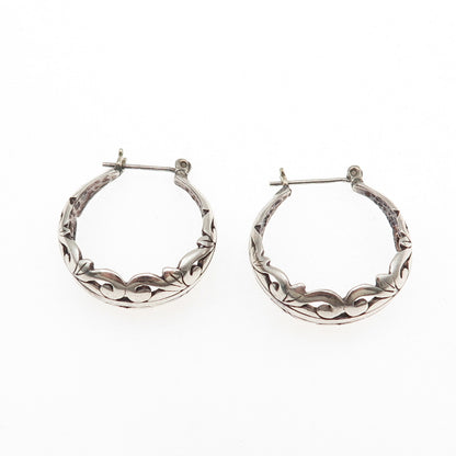 925 Sterling Silver Vintage Modernist Ornate Oxidized Hoop Earrings