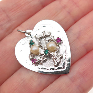 925 Sterling Silver Vintage Faux Pearl & Rhinestone Tree of Life Heart Pendant