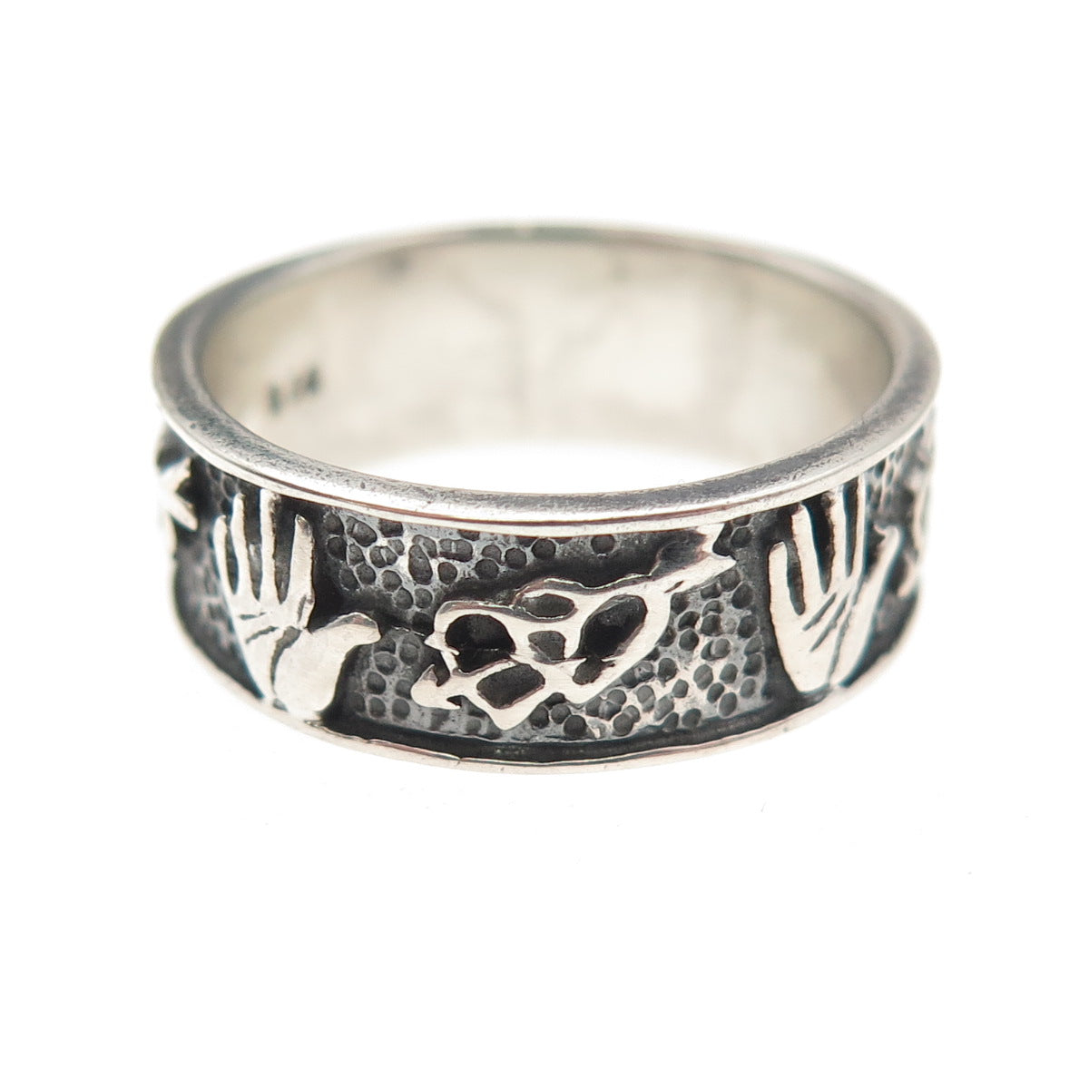 925 Sterling Silver Vintage Hand Palm & Hearts Oxidized Band Ring Size 7.75