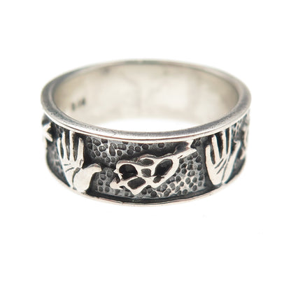 925 Sterling Silver Vintage Hand Palm & Hearts Oxidized Band Ring Size 7.75