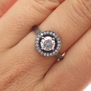 925 Sterling Silver Black Rhodium Round-Cut C Z Engagement Ring Size 7.25