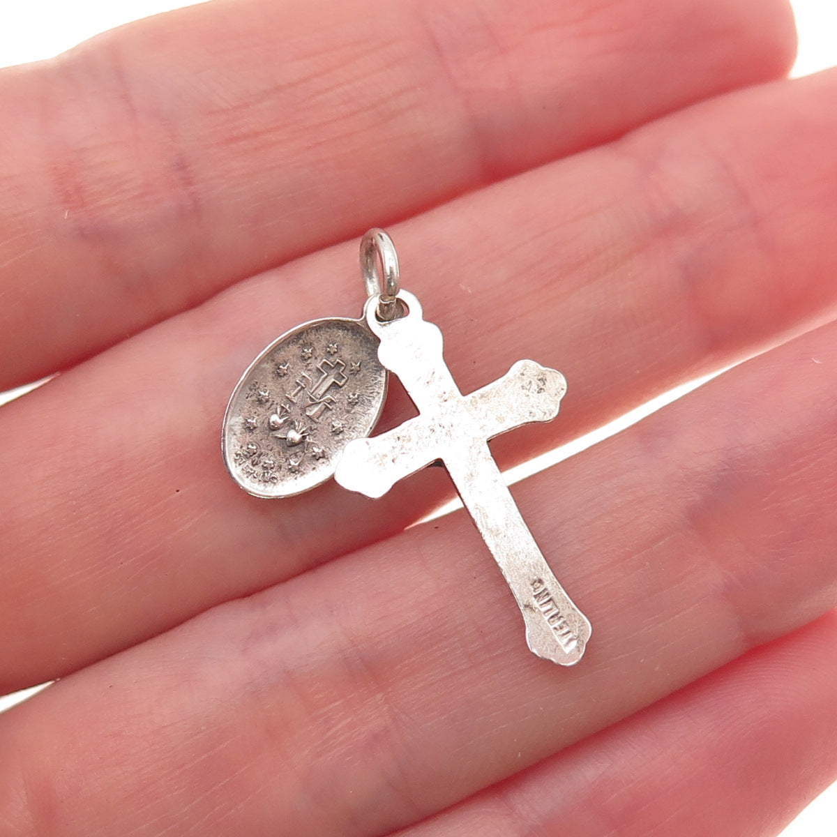 925 Sterling Silver Antique Art Deco Crucifix Cross & St. Mary Charm Pendant