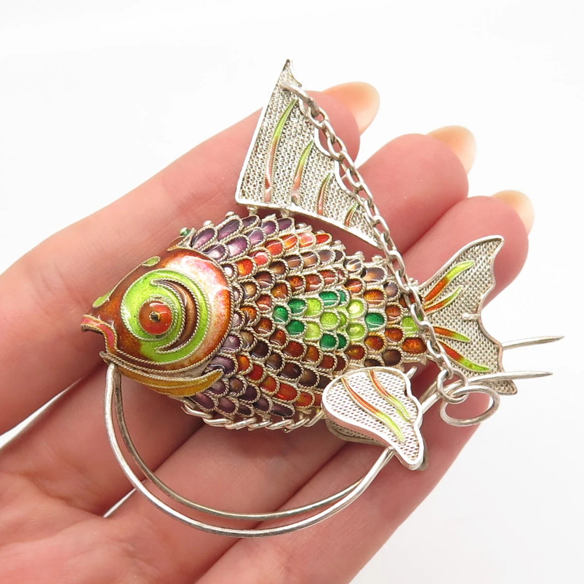 925 Sterling Silver Antique Enamel Articulated Chinese Koi Fish Chatelaine Fob