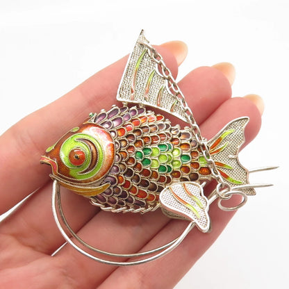925 Sterling Silver Antique Enamel Articulated Chinese Koi Fish Chatelaine Fob