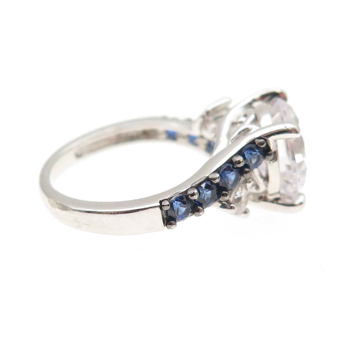 KEY STAR 925 Sterling Silver Real Sapphire & C Z Engagement Ring Size 6