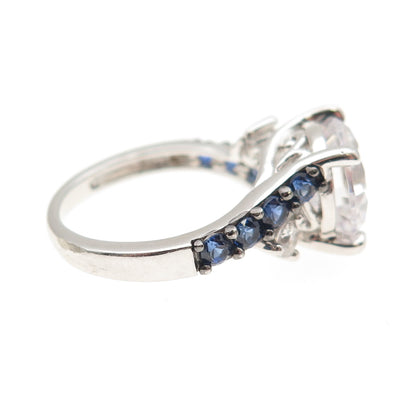 KEY STAR 925 Sterling Silver Real Sapphire & C Z Engagement Ring Size 6