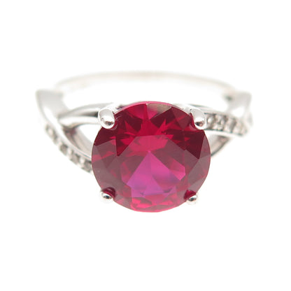 925 Sterling Silver Round-Cut Lab-Created Ruby & Real White Topaz Ring Size 7
