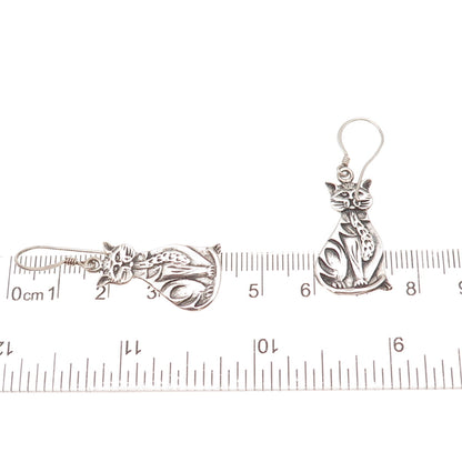 925 Sterling Silver Vintage Cat Oxidized Dangle Earrings