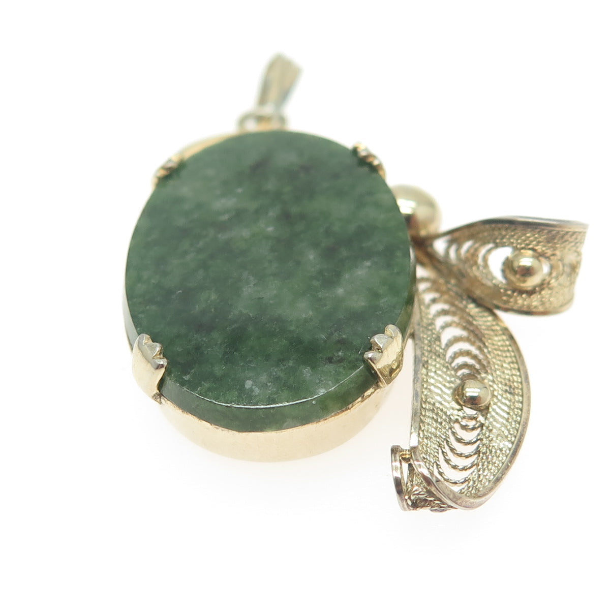 SORRENTO 925 Sterling Silver Gold Plated Vintage Real Jade Filigree Pendant