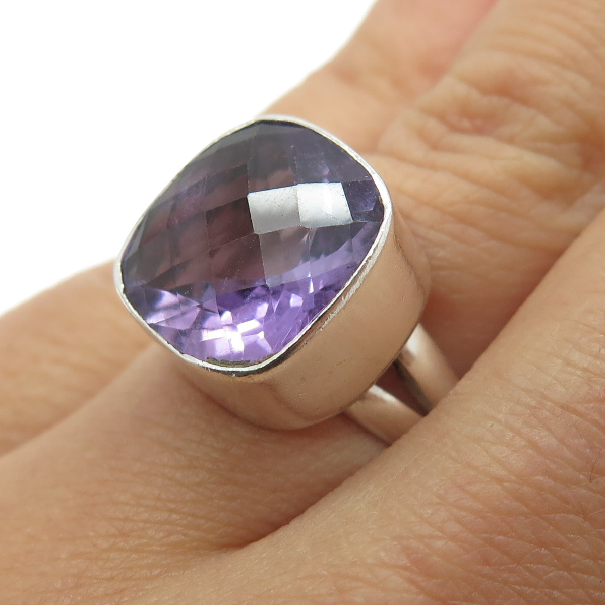 925 Sterling Silver Vintage Real Checkered Amethyst Gemstone Ring Size 6.25