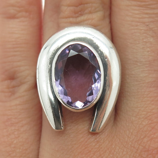 925 Sterling Silver Vintage Real Amethyst Gem Horseshoe Modernist Ring Size 7