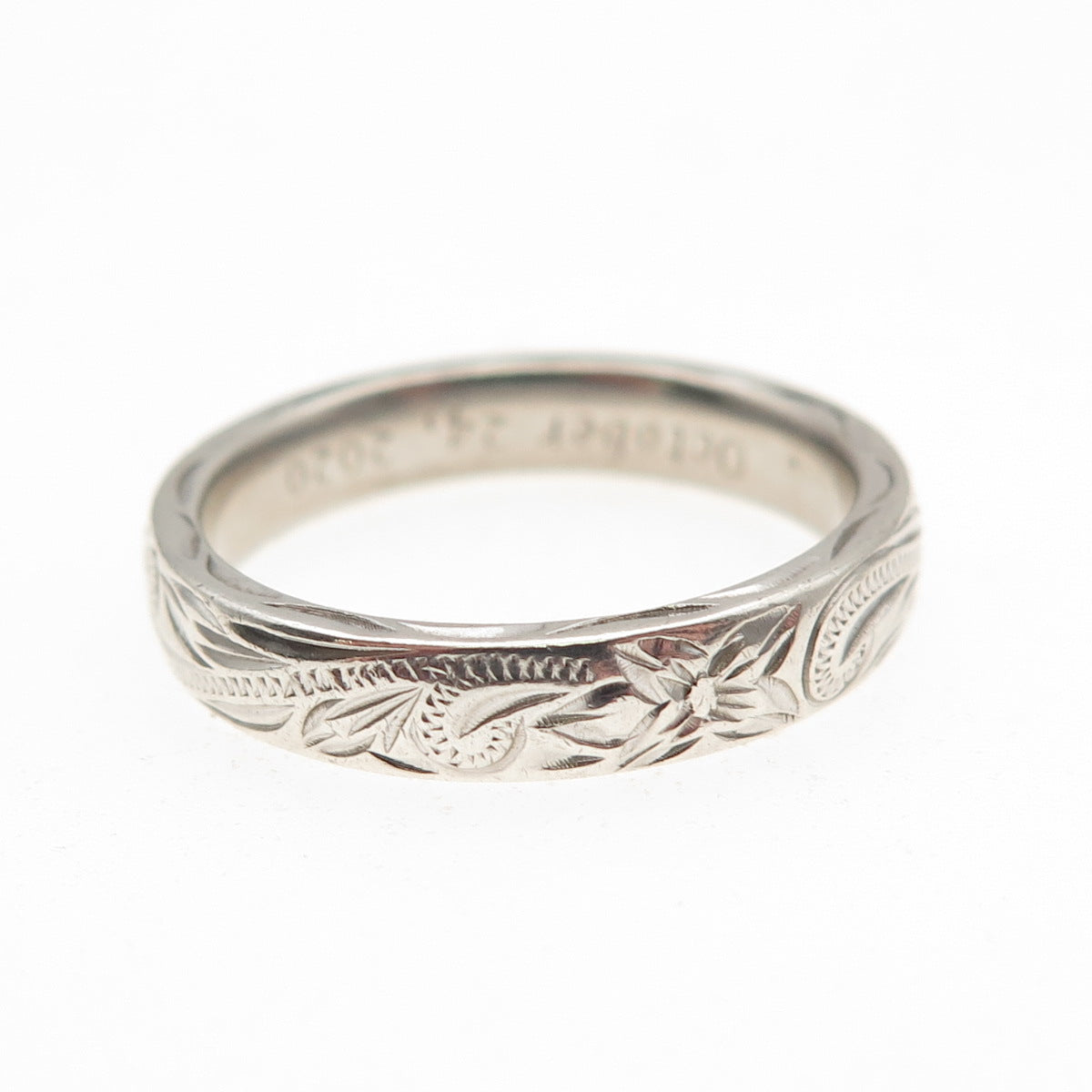 925 Sterling Silver Engraved Floral Wedding Band Ring Size 8.5