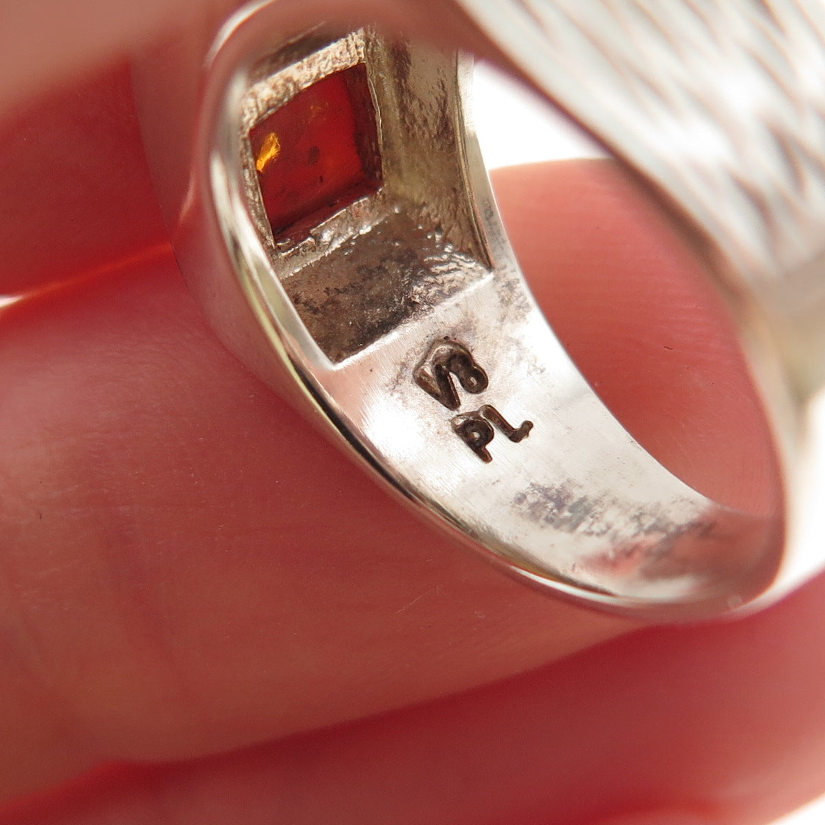 Valerio V-8 925 Sterling Silver Vintage Poland Real Amber Ring Size 6