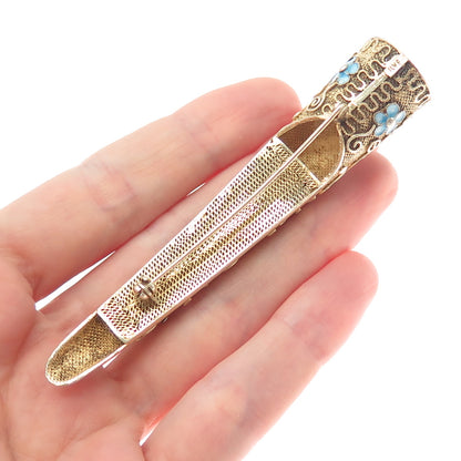 925 Sterling Gold Plated Antique China Turquoise Coral Finger Nail Guard Brooch