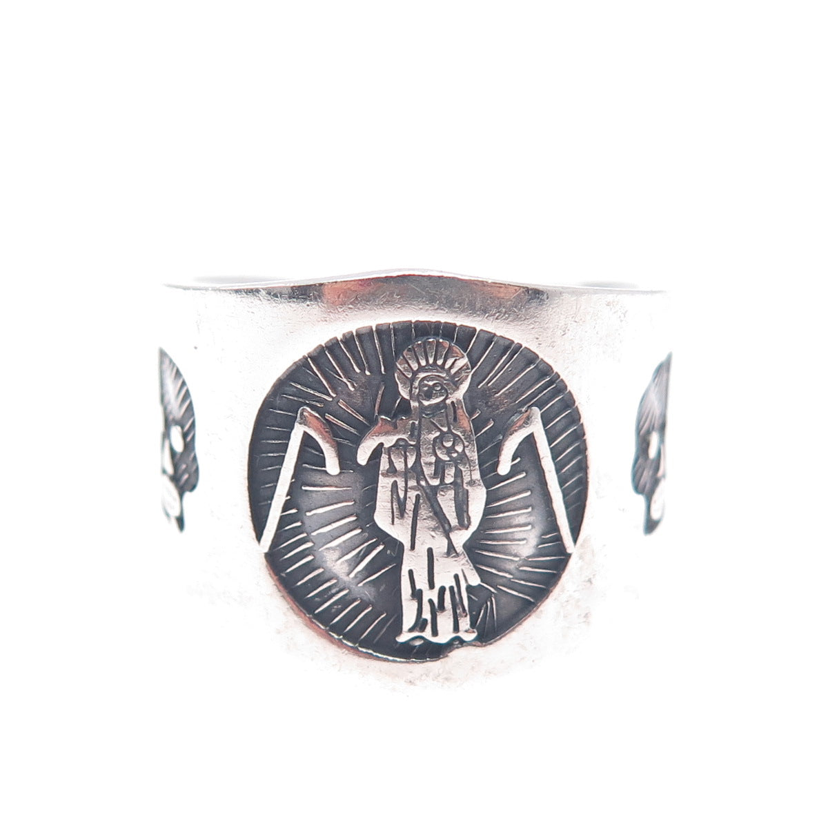 925 Sterling Silver Vintage Mexico Santa Muerte Oxidized Ring Size 11.25