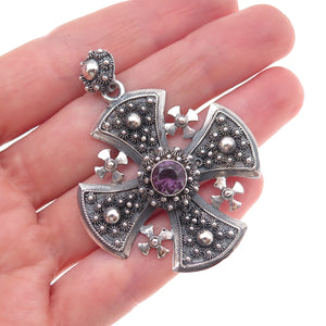 925 Sterling Silver Vintage Lab-Created Peacock Sapphire Jerusalem Cross Pendant