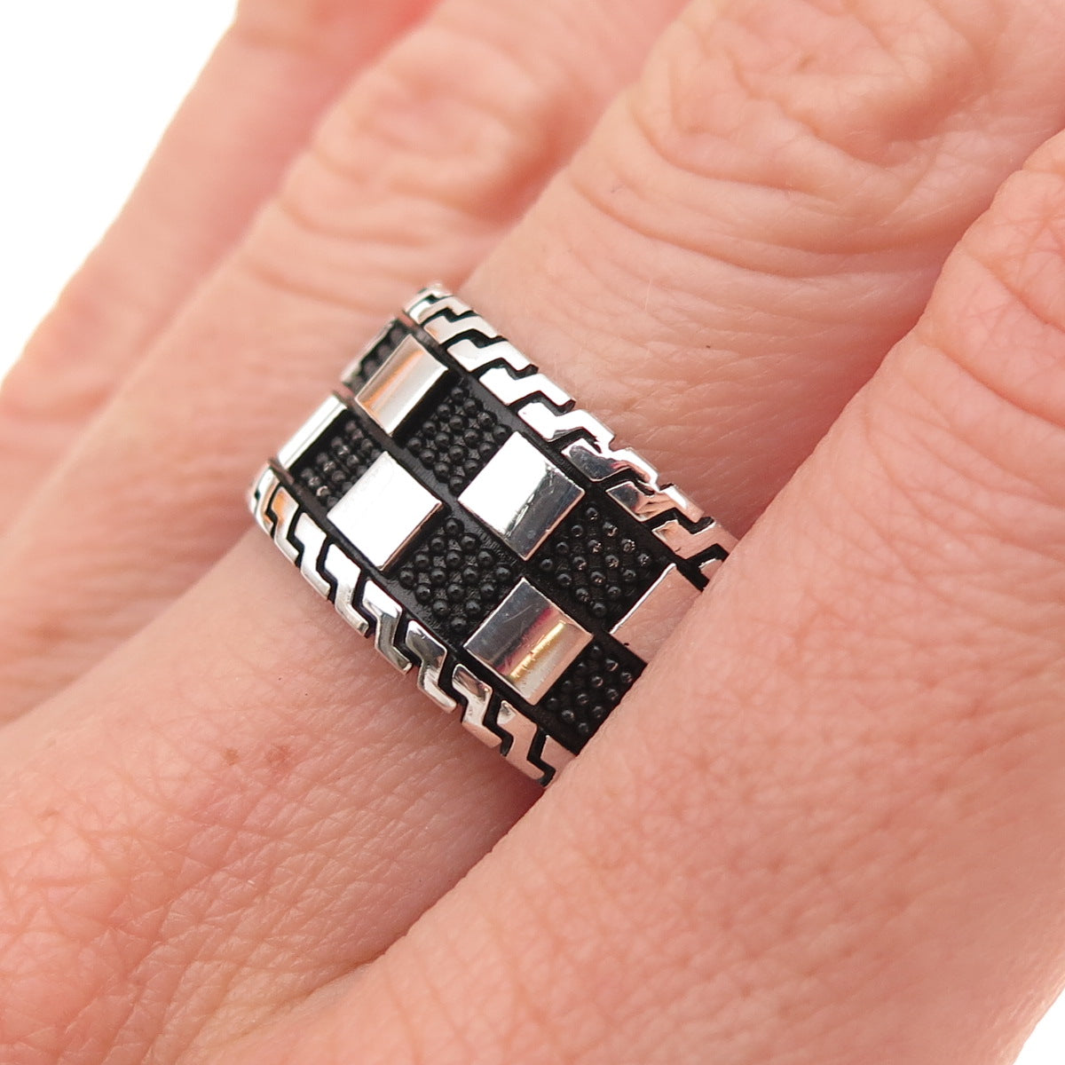 925 Sterling Silver Vintage Checkerboard Chess Band Ring Size 9.5