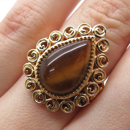 ROSS SIMONS 925 Sterling Silver Gold Plated Real Tiger Eye Spiral Ring Size 6