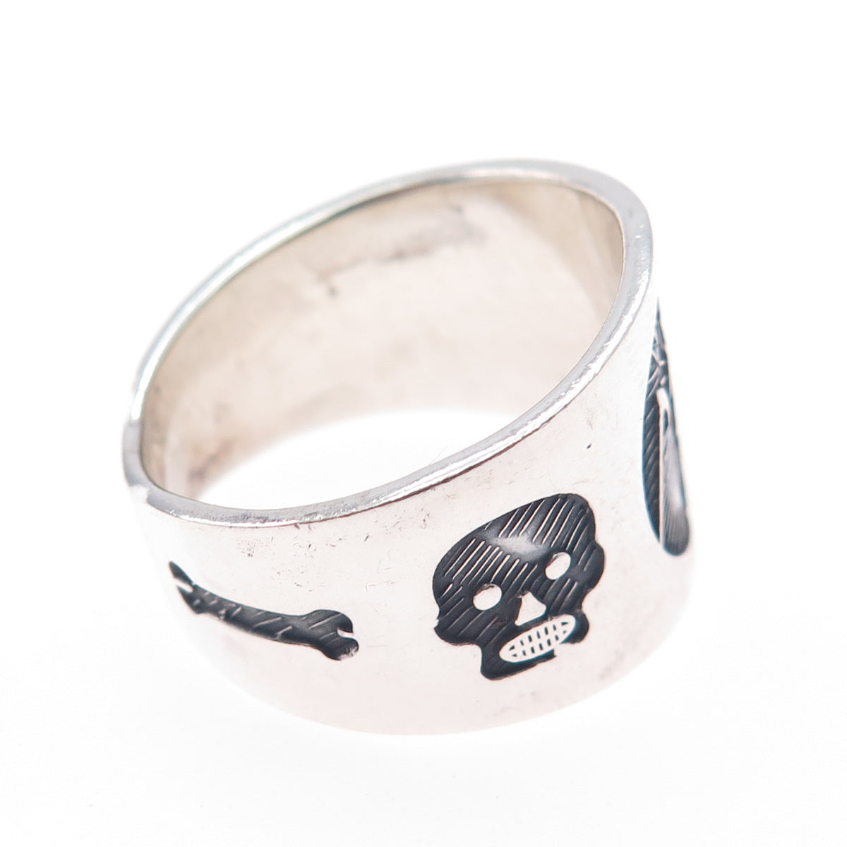 925 Sterling Silver Vintage Mexico Santa Muerte Oxidized Ring Size 11.25