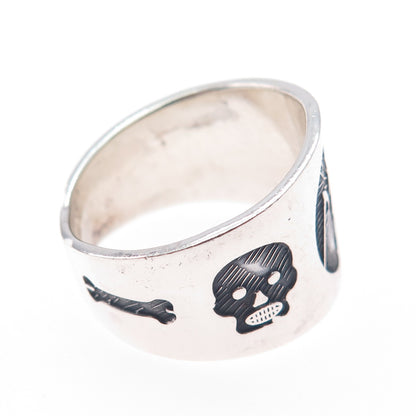 925 Sterling Silver Vintage Mexico Santa Muerte Oxidized Ring Size 11.25