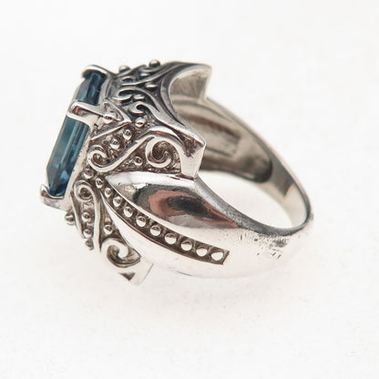 925 Sterling Silver Vintage Real London Blue Topaz Oxidized Ring Size 6.25
