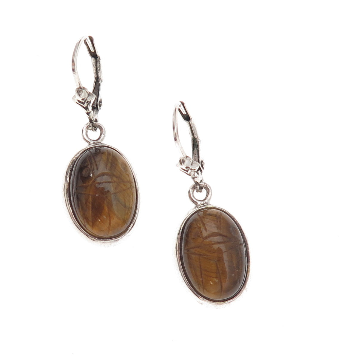 Gold Stone 925 Sterling Silver Vintage Real Tiger Eye Scarab Dangle Earrings