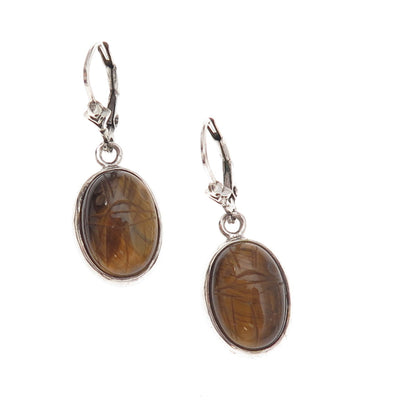 Gold Stone 925 Sterling Silver Vintage Real Tiger Eye Scarab Dangle Earrings