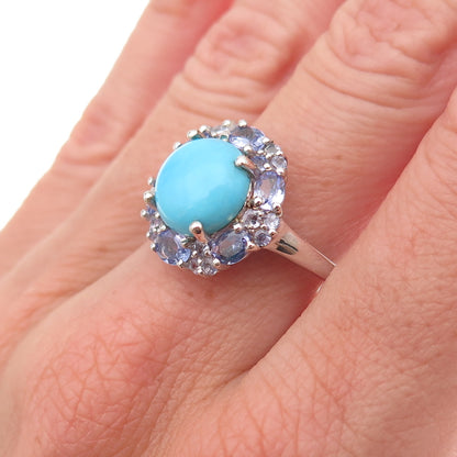 Chuck Clemency 925 Sterling Silver Real Turquoise & Tanzanite Floral Ring Size 8
