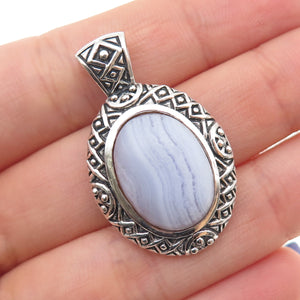 925 Sterling Silver Vintage Real Lace Agate Oxidized Charm Pendant