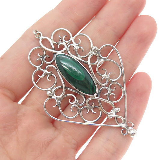 925 Sterling Silver Vintage Real Malachite Swirl Ornate Charm Pendant