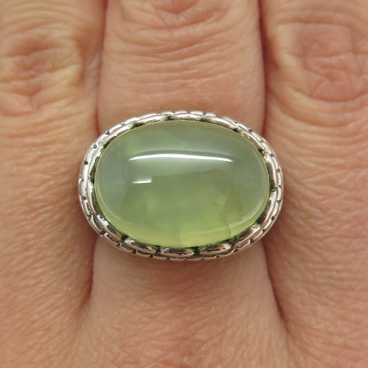 925 Sterling Silver Vintage Real Cabochon Prehnite Ornate Ring Size 6.75