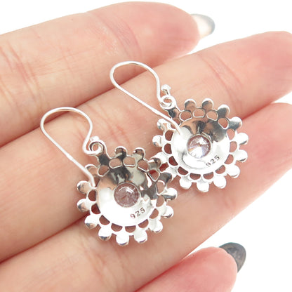 925 Sterling Silver Real Marcasite & Round-Cut C Z Floral Dangling Earrings