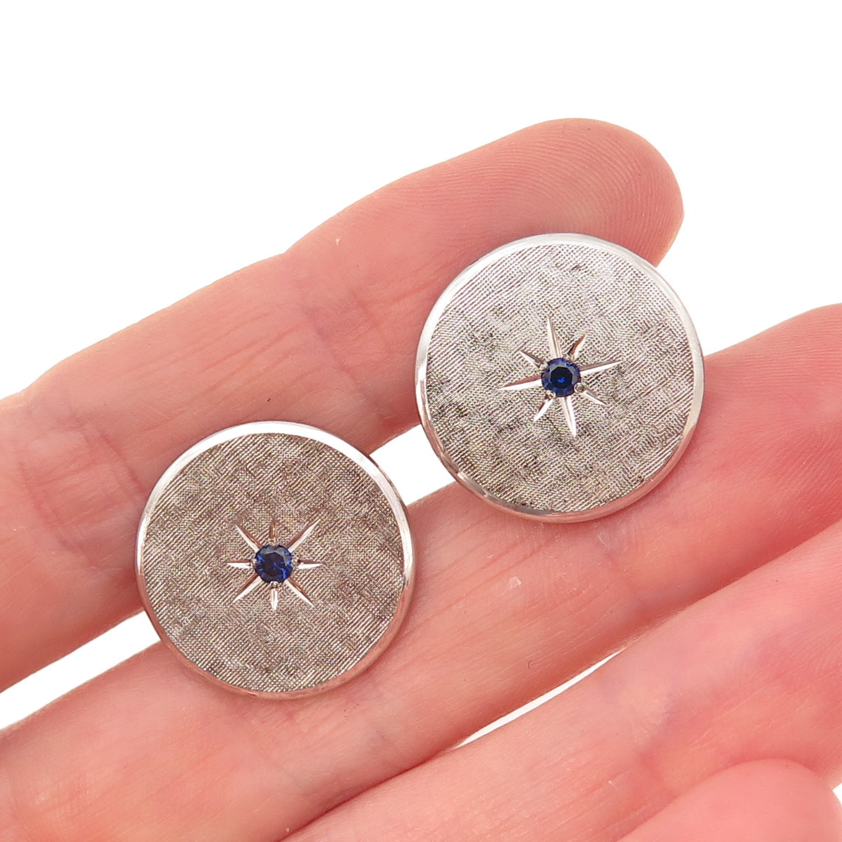 925 Sterling Silver Vintage Real Sapphire Starburst Oxidized Cufflinks