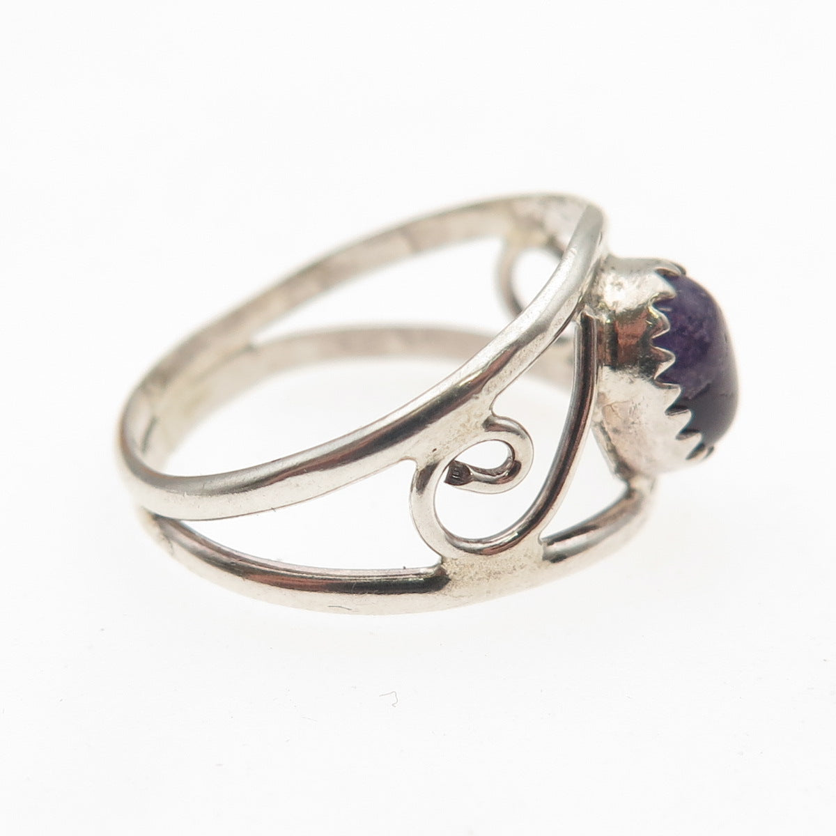 925 Sterling Silver Vintage Real Oval-Cut Amethyst Swirl Ring Size 6