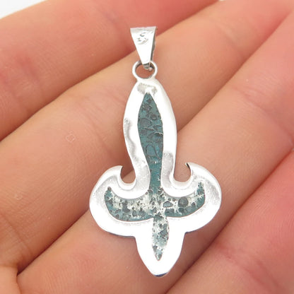 925 Sterling Silver Vintage Mexico Real Turquoise Gem Inlay Fleur-de-Lis Pendant