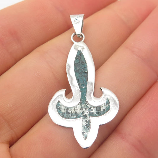 925 Sterling Silver Vintage Mexico Real Turquoise Gem Inlay Fleur-de-Lis Pendant