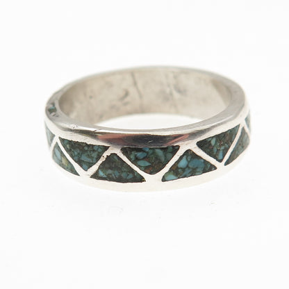 Old Pawn 925 Sterling Silver Vintage Turquoise Inlay Tribal Band Ring Size 9.75