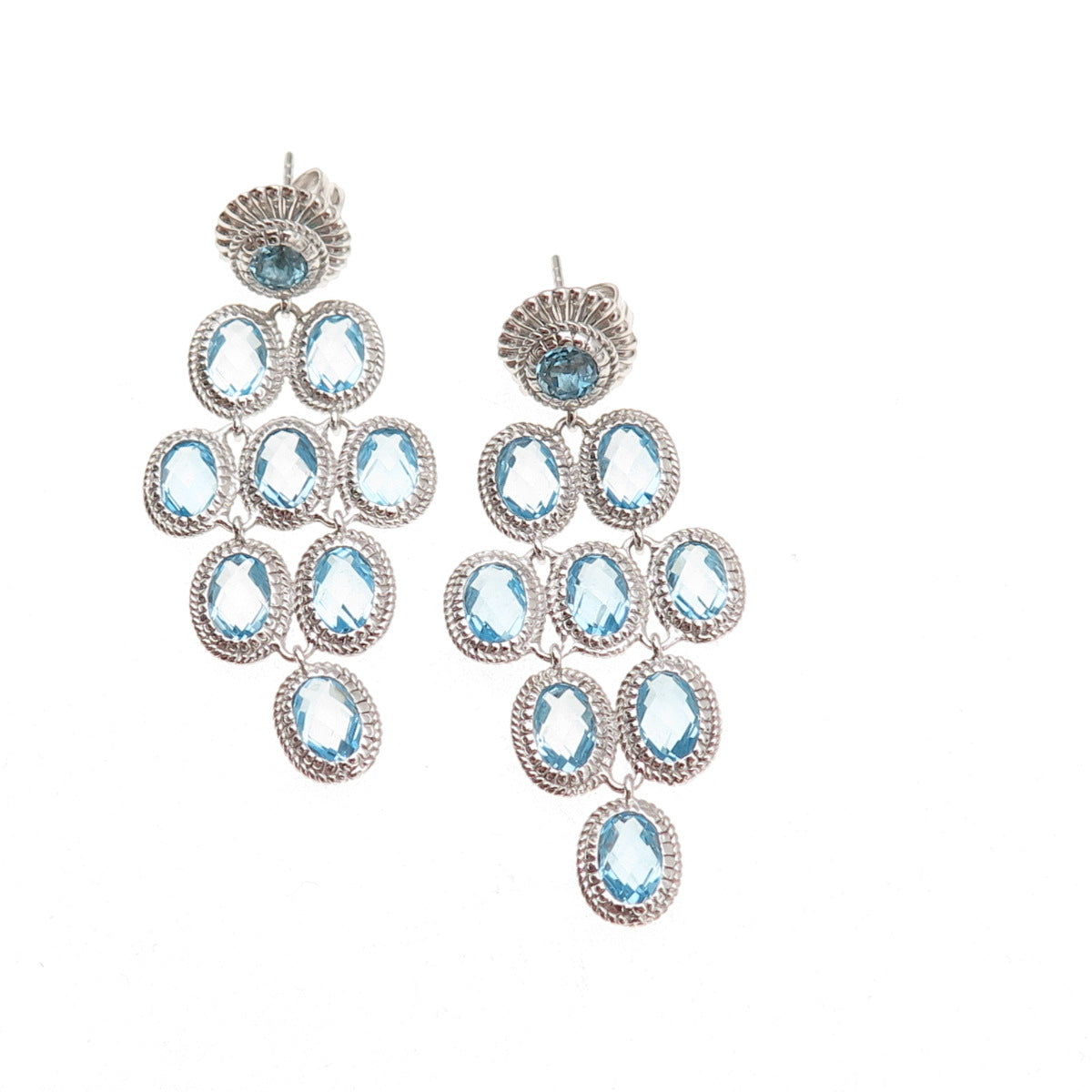 DSMK 925 Sterling Silver Real Oval-Cut Blue Topaz Dangle Earrings