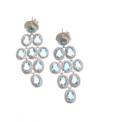 DSMK 925 Sterling Silver Real Oval-Cut Blue Topaz Dangle Earrings