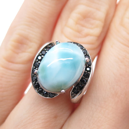 NOA ZUMAN 925 Sterling Silver Real Larimar & Black Spinel Bypass Ring Size 6