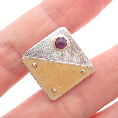 VICTOR ALFARO 14K Gold 925 Sterling Silver Vintage Real Ruby Modernist Lapel Pin