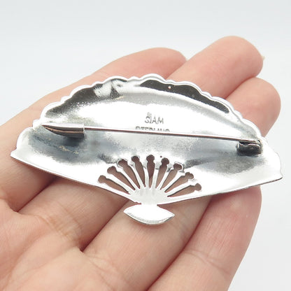 925 Sterling Silver Vintage SIAM Fan Pin Brooch