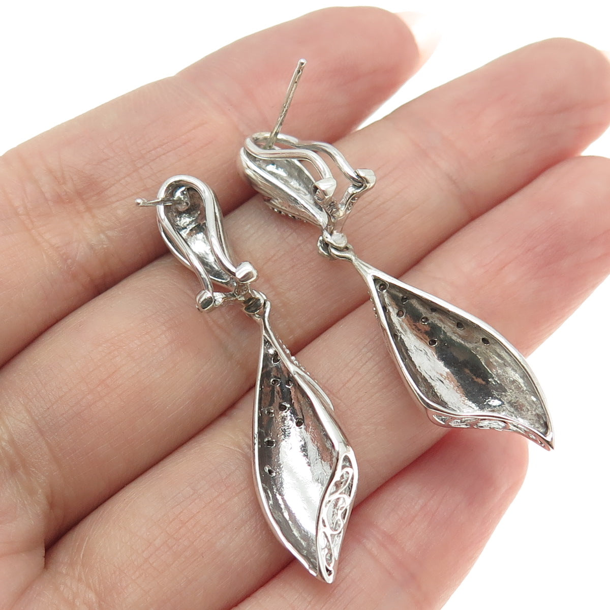 925 Sterling Silver Real White Diamond Modernist Omega Back Dangle Earrings