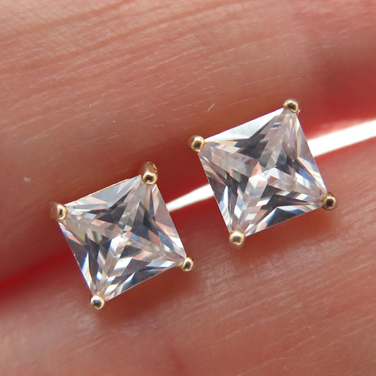 925 Sterling Silver Gold Plated Princess-Cut C Z Stud Earrings