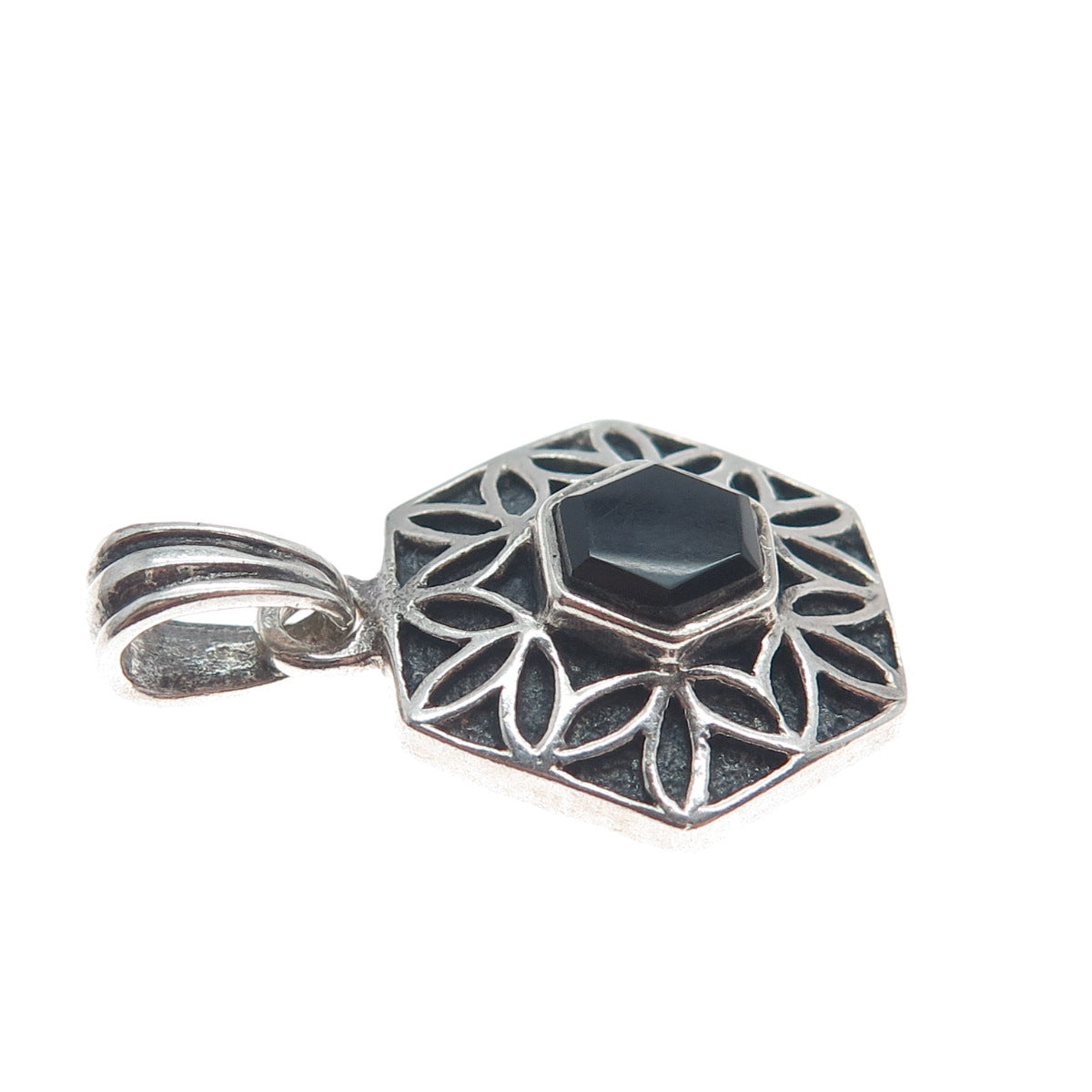 925 Sterling Silver Vintage Real Black Onyx Flower Hexagon Mini Charm Pendant