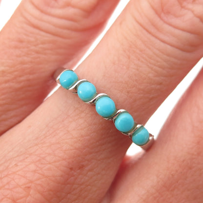 925 Sterling Silver Real Sleeping Beauty Turquoise Beaded Band Ring Size 8