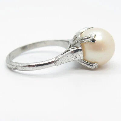 925 Sterling Silver Vintage Faux Pearl Round Ring Size 6