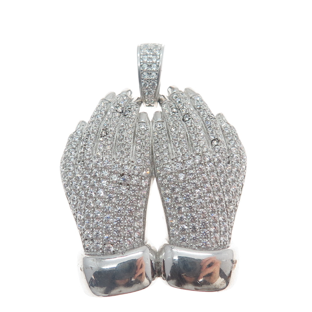 925 Sterling Silver Round-Cut Shaped C Z Praying Hands Pendant